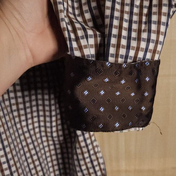 English Laundry Brown Blue White Check Contrasting Cuff Shirt 17 1/2 -34/35 - Picture 3 of 7